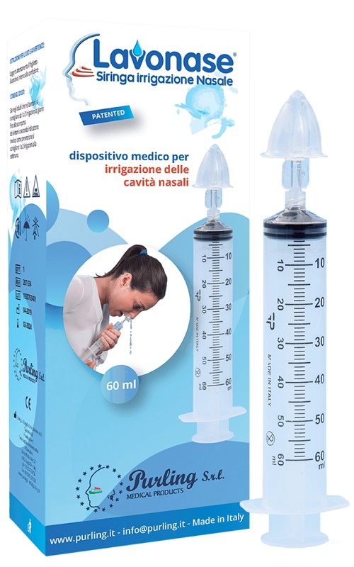 LAVONASE IRRIGAZIONE NASALE NON STERILE SIRINGA 60 ML + LUER-LOCK CON CAPPUCCIO + UGELLO NASALE CON RACCORDO LUER-LOCK + PERFORATORE CON VALVOLA NON RITORNO CON TAPPO - Fontenova srl