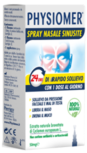 PHYSIOMER SPRAY NASALE SINUSITE 2 PEZZI 1 FLACONE DA 50 MG DI ESTRATTO DI CICLAMINO NATURALE LIOFILIZZATO + 1 FIALE DA 5 ML DI SOLVENTE - Fontenova srl