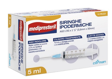 SIRINGA IPODERMICA MEDIPRESTERIL AGO 23 GAUGE 1 1/4 0,5X30MM 5 ML 10 PEZZI - Fontenova srl