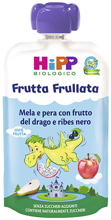 HIPP BIO FRUTTA FRULLATA DRAGONE MELA PERA FRUTTA DEL DRAGO RIBES NERO 90 G - Fontenova srl