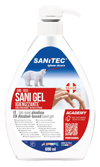 GEL IGIENIZZANTE MANI ALCOLICO 70% PRONTO ALL'USO SANI GEL SANITEC 600 ML USO PROFESSIONALE - Fontenova srl