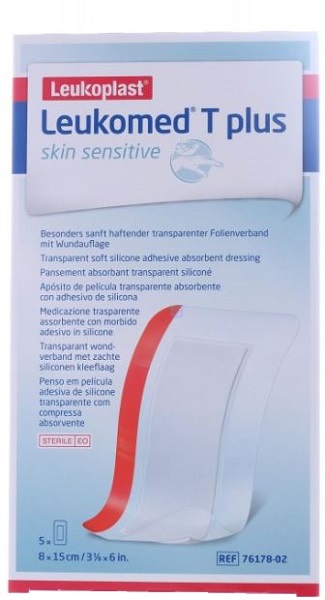 LEUKOMED T PLUS SKIN SENSITIVE MEDICAZIONE POST-OPERATORIA TRASPARENTE IMPERMEABILE CON MASSA ADESIVA AL SILICONE 8X15CM 5 PEZZI - Fontenova srl