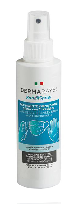 DERMARAYS SANIFIL SPRAY DETERGENTE IGIENIZZANTE SPRAY CON CLOREXIDINA PER MASCHERINE E GUANTI 100 ML - Fontenova srl