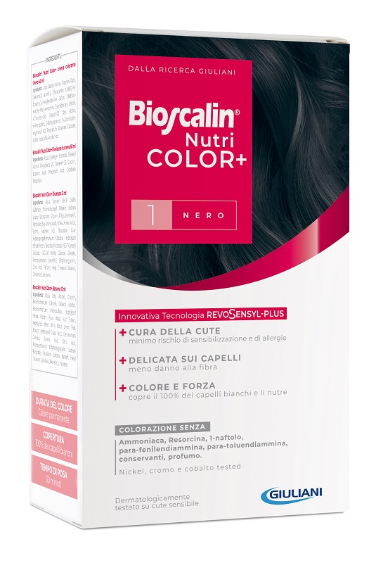 BIOSCALIN NUTRICOLOR PLUS 1 NERO CREMA COLORANTE 40 ML + RIVELATORE CREMA 60 ML + SHAMPOO 12 ML + TRATTAMENTO FINALE BALSAMO 12 ML - Fontenova srl