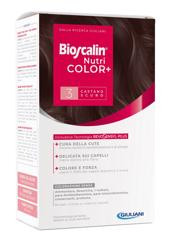 BIOSCALIN NUTRICOLOR PLUS 3 CASTANO SCURO CREMA COLORANTE 40 ML + RIVELATORE CREMA 60 ML + SHAMPOO 12 ML + TRATTAMENTO FINALE BALSAMO 12 ML - Fontenova srl