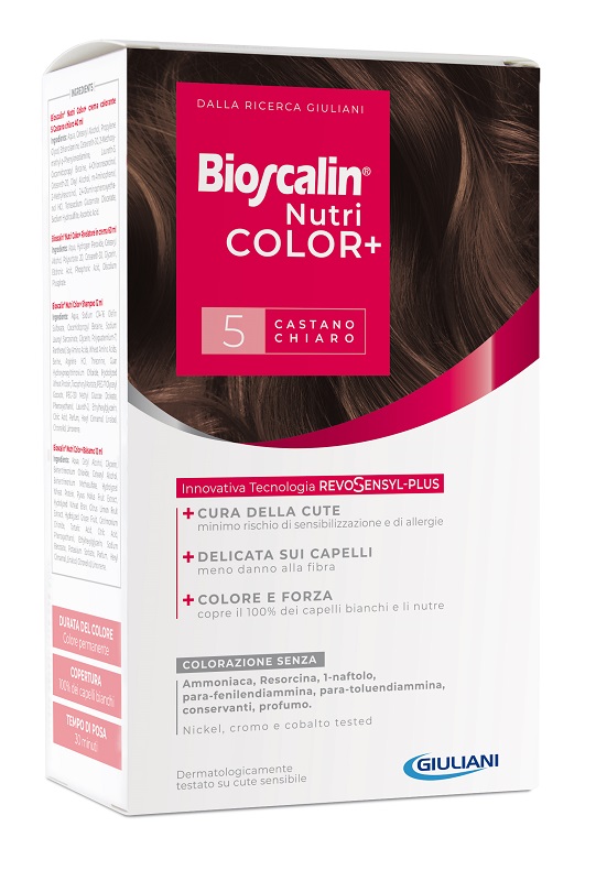 BIOSCALIN NUTRICOLOR PLUS 5 CASTANO CHIARO CREMA COLORANTE 40 ML + RIVELATORE CREMA 60 ML + SHAMPOO 12 ML + TRATTAMENTO FINALE BALSAMO 12 ML - Fontenova srl