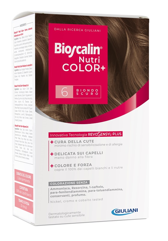 BIOSCALIN NUTRICOLOR PLUS 6 BIONDO SCURO CREMA COLORANTE 40 ML + RIVELATORE CREMA 60 ML + SHAMPOO 12 ML + TRATTAMENTO FINALE BALSAMO 12 ML - Fontenova srl