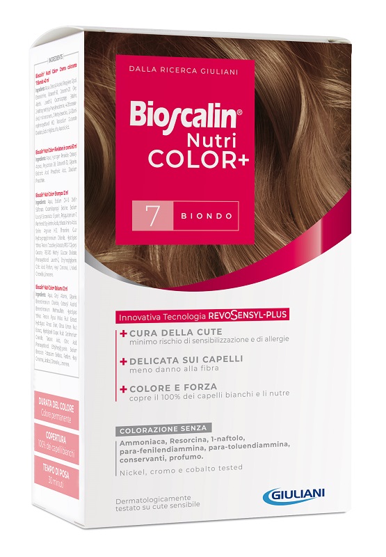 BIOSCALIN NUTRICOLOR PLUS 7 BIONDO CREMA COLORANTE 40 ML + RIVELATORE CREMA 60 ML + SHAMPOO 12 ML + TRATTAMENTO FINALE BALSAMO 12 ML - Fontenova srl
