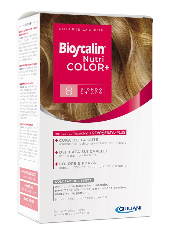 BIOSCALIN NUTRICOLOR PLUS 8 BIONDO CHIARO CREMA COLORANTE 40 ML + RIVELATORE CREMA 60 ML + SHAMPOO 12 ML + TRATTAMENTO FINALE BALSAMO 12 ML - Fontenova srl
