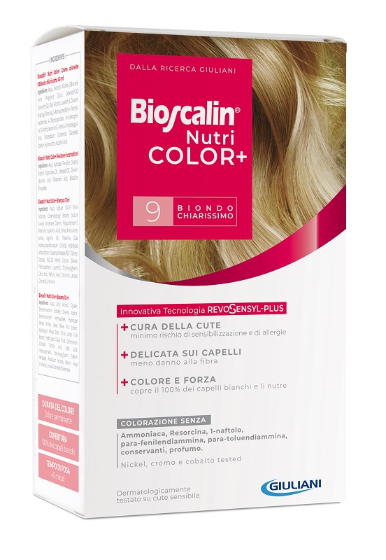 BIOSCALIN NUTRICOLOR PLUS 9 BIONDO CHIARISSIMO CREMA COLORANTE 40 ML + RIVELATORE CREMA 60 ML + SHAMPOO 12 ML + TRATTAMENTO FINALE BALSAMO 12 ML - Fontenova srl