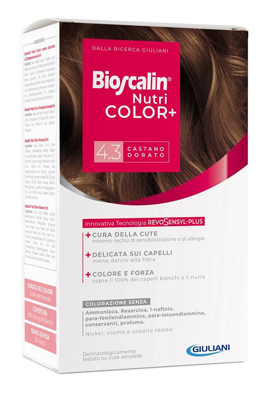 BIOSCALIN NUTRICOLOR PLUS 4,3 CASTANO DORATO CREMA COLORANTE 40 ML + RIVELATORE CREMA 60 ML + SHAMPOO 12 ML + TRATTAMENTO FINALE BALSAMO 12 ML - Fontenova srl
