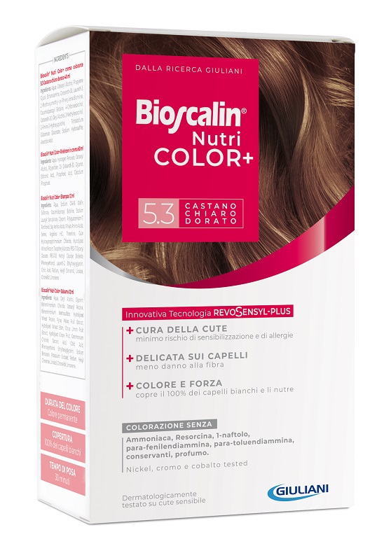 BIOSCALIN NUTRICOLOR PLUS 5,3 CASTANO CHIARO DORATO CREMA COLORANTE 40 ML + RIVELATORE CREMA 60 ML + SHAMPOO 12 ML + TRATTAMENTO FINALE BALSAMO 12 ML - Fontenova srl