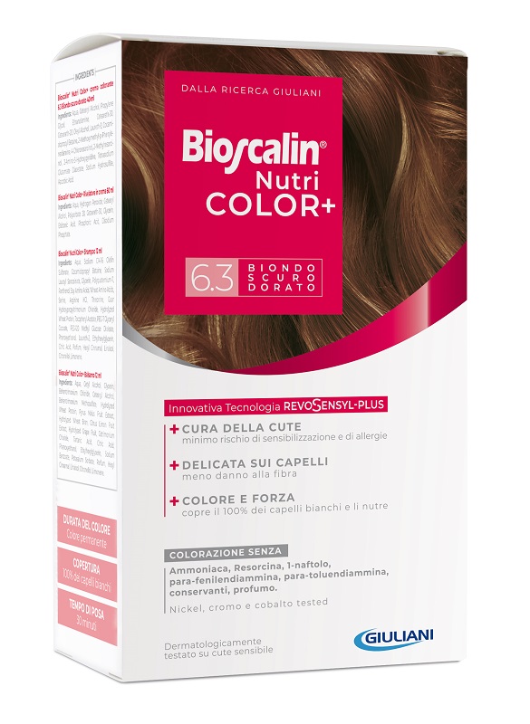 BIOSCALIN NUTRICOLOR PLUS 6,3 BIONDO SCURO DORATO CREMA COLORANTE 40 ML + RIVELATORE CREMA 60 ML + SHAMPOO 12 ML + TRATTAMENTO FINALE BALSAMO 12 ML - Fontenova srl