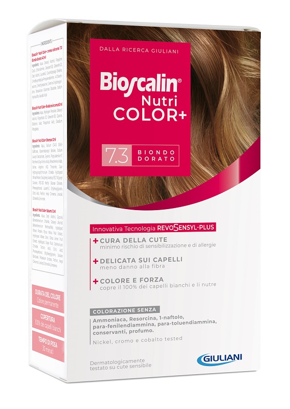 BIOSCALIN NUTRICOLOR PLUS 7,3 BIONDO DORATO CREMA COLORANTE 40 ML + RIVELATORE CREMA 60 ML + SHAMPOO 12 ML + TRATTAMENTO FINALE BALSAMO 12 ML - Fontenova srl