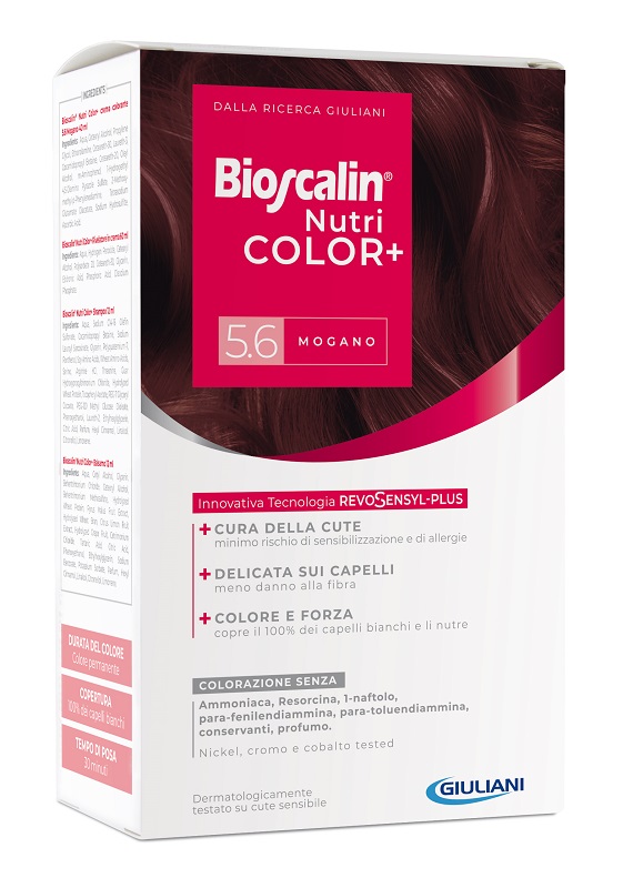 BIOSCALIN NUTRICOLOR PLUS 5,6 MOGANO CREMA COLORANTE 40 ML + RIVELATORE CREMA 60 ML + SHAMPOO 12 ML + TRATTAMENTO FINALE BALSAMO 12 ML - Fontenova srl
