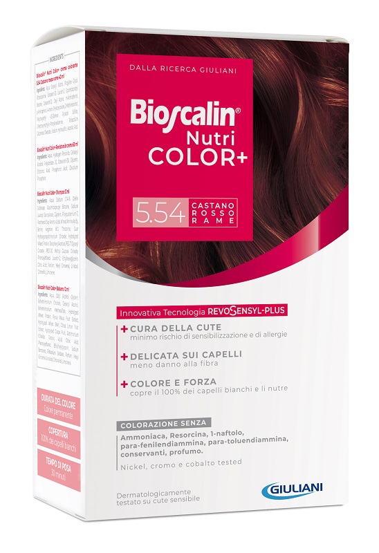 BIOSCALIN NUTRICOLOR PLUS 5,54 CASTANO ROSSO RAME CREMA COLORANTE 40 ML + RIVELATORE CREMA 60 ML + SHAMPOO 12 ML + TRATTAMENTO FINALE BALSAMO 12 ML - Fontenova srl