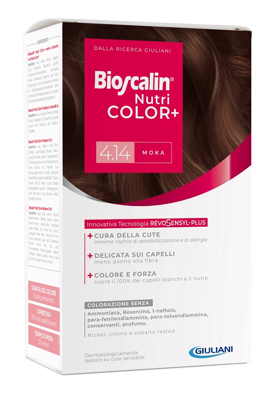 BIOSCALIN NUTRICOLOR PLUS 4,14 MOKA CREMA COLORANTE 40 ML + RIVELATORE CREMA 60 ML + SHAMPOO 12 ML + TRATTAMENTO FINALE BALSAMO 12 ML - Fontenova srl