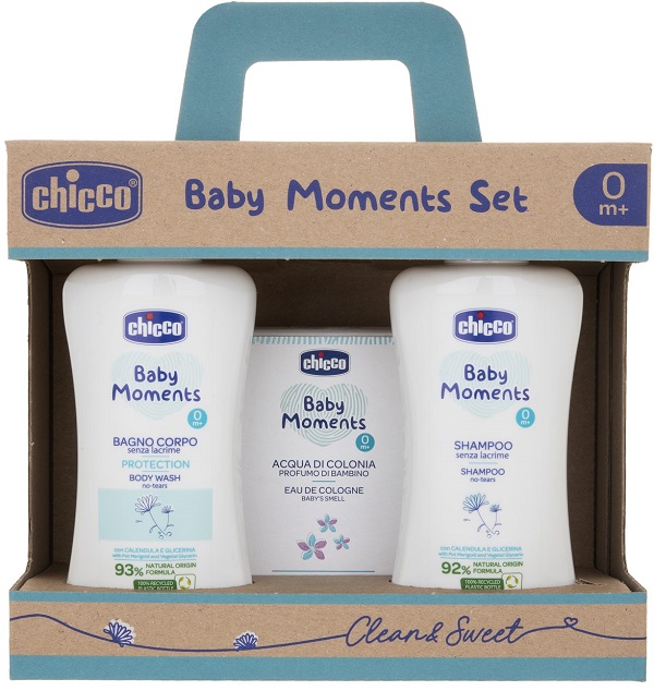 CHICCO BABY MOMENTS SET BAGNOSCHIUMA PELLI DELICATE 200 ML + SHAMPOO PELLI DELICATE 200 ML + ACQUA DI COLONIA BABY SMELL PELLI DELICATE 100 ML - Fontenova srl