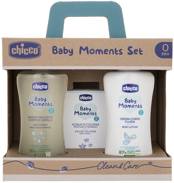 CHICCO BABY MOMENTS SET BAGNO DELICATO CORPO-CAPELLI PELLI DELICATE 200 ML + CREMA CORPO PELLI DELICATE 200 ML + ACQUA DI COLONIA BABY SMELL PELLI DELICATE 100 ML - Fontenova srl