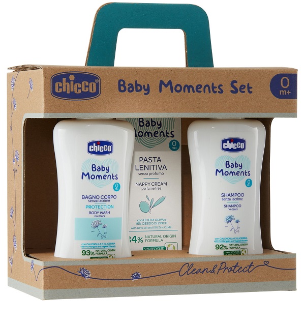 CHICCO BABY MOMENTS SET BAGNOCHIUMA PELLI DELICATE 200 ML + SHAMPOO PELLI DELICATE 200 ML + PASTA CAMBIO PELLI DELICATE 100 ML - Fontenova srl