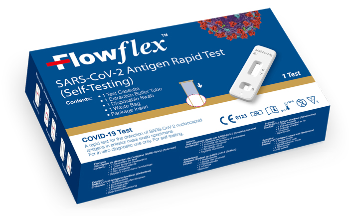 TEST ANTIGENICO RAPIDO COVID-19 FLOWFLEX AUTODIAGNOSTICO DETERMINAZIONE QUALITATIVA ANTIGENI SARS-COV-2 IN TAMPONI NASALI MEDIANTE IMMUNOCROMATOGRAFIA PROVETTA CON ALLUMINIO - Fontenova srl
