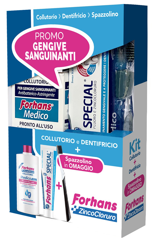FORHANS KIT GENGIVE SANGUINANTI 1 FORHANS COLLUTORIO MEDICO 250 ML + 1 FORHANS DENTIFRICIO SPECIAL 75 ML + 1 FORHANS SPAZZOLINO MEDICO IN OMAGGIO - Fontenova srl