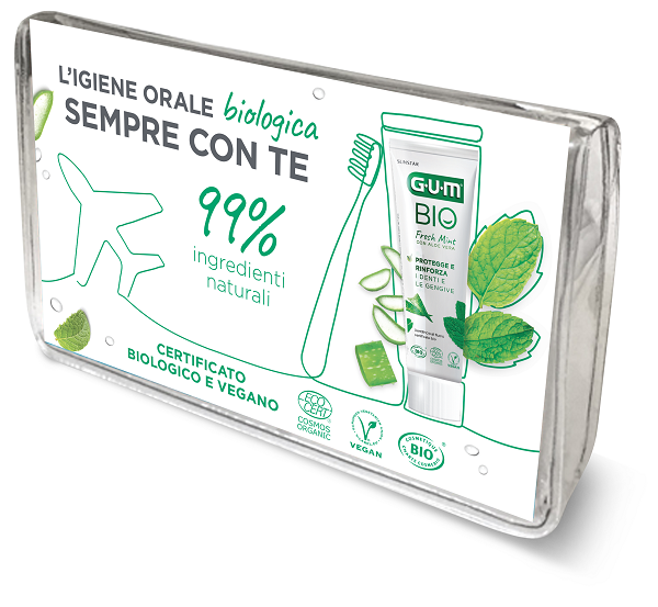 GUM TRAVEL KIT BIO 1 SPAZZOLINO + 1 DENTIFRICIO +  1 SCOVOLINO INTERDENTALE - Fontenova srl