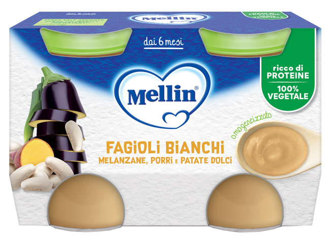 MELLIN OMOGENEIZZATO FAGIOLI BIANCHI E MELANZANE 2 PEZZI DA 130 G - Fontenova srl