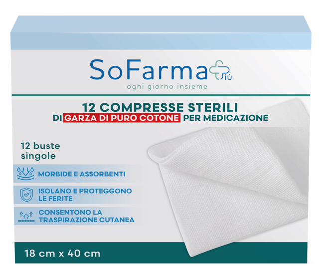 GARZA COMPRESSA IN COTONE 18X40 CM 12 PEZZI SOFARMAPIU' - Fontenova srl