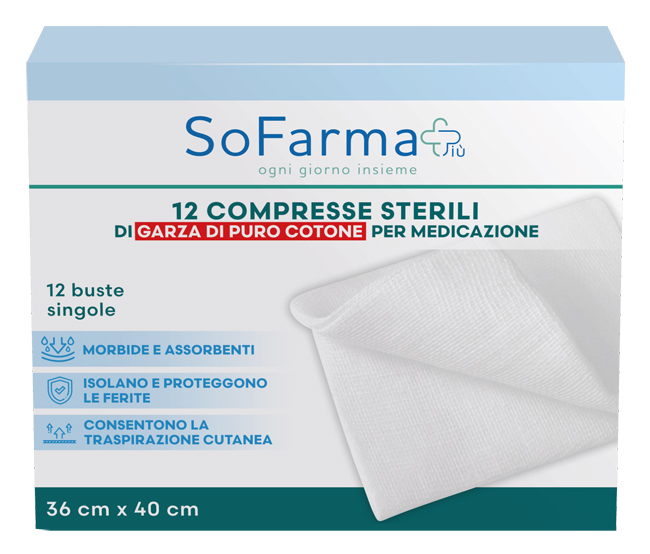 GARZA COMPRESSA IN COTONE 36X40 CM 12 PEZZI SOFARMAPIU' - Fontenova srl