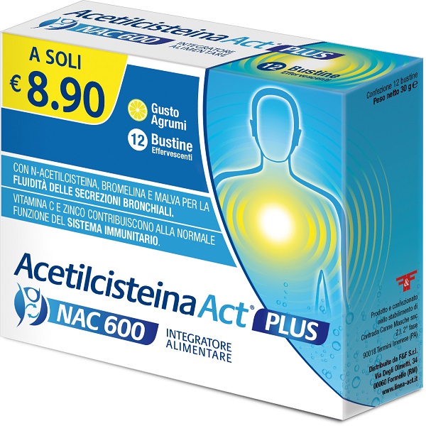 ACETILCISTEINA ACT PLUS NAC 600 12 BUSTINE EFFERVESCENTI AGRUMI - Fontenova srl